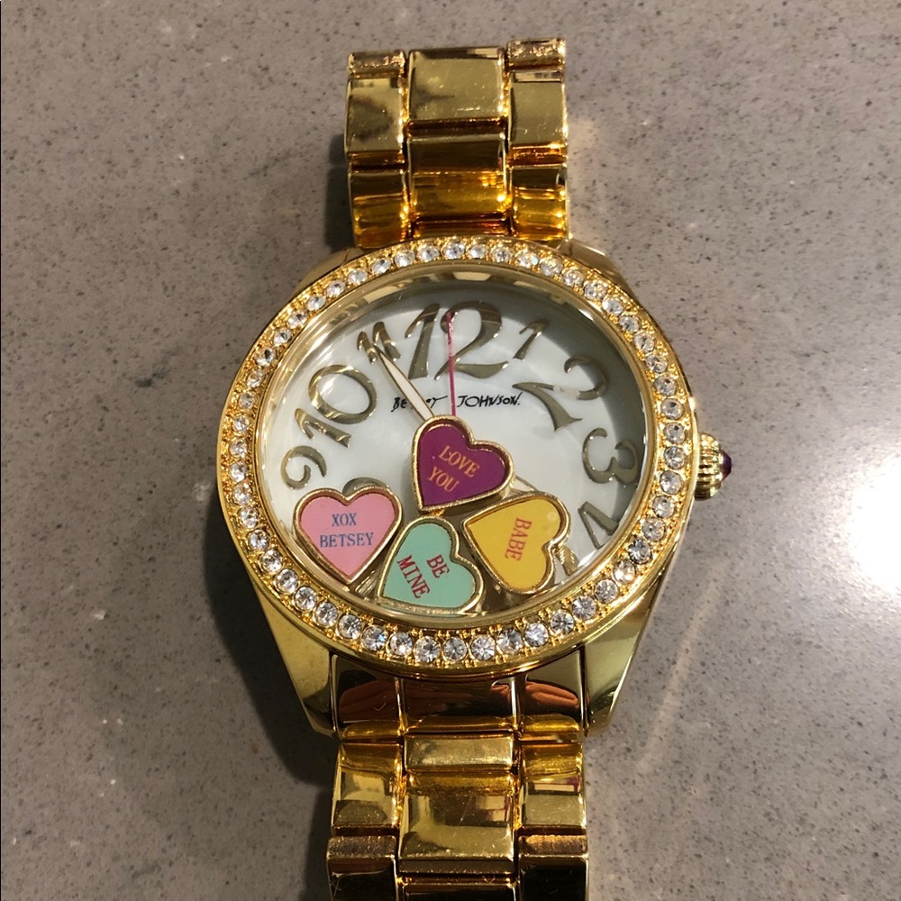 Betsey Johnson NWOT Gold Watch with Pink, Purple, Mint & Yellow Heart Charms